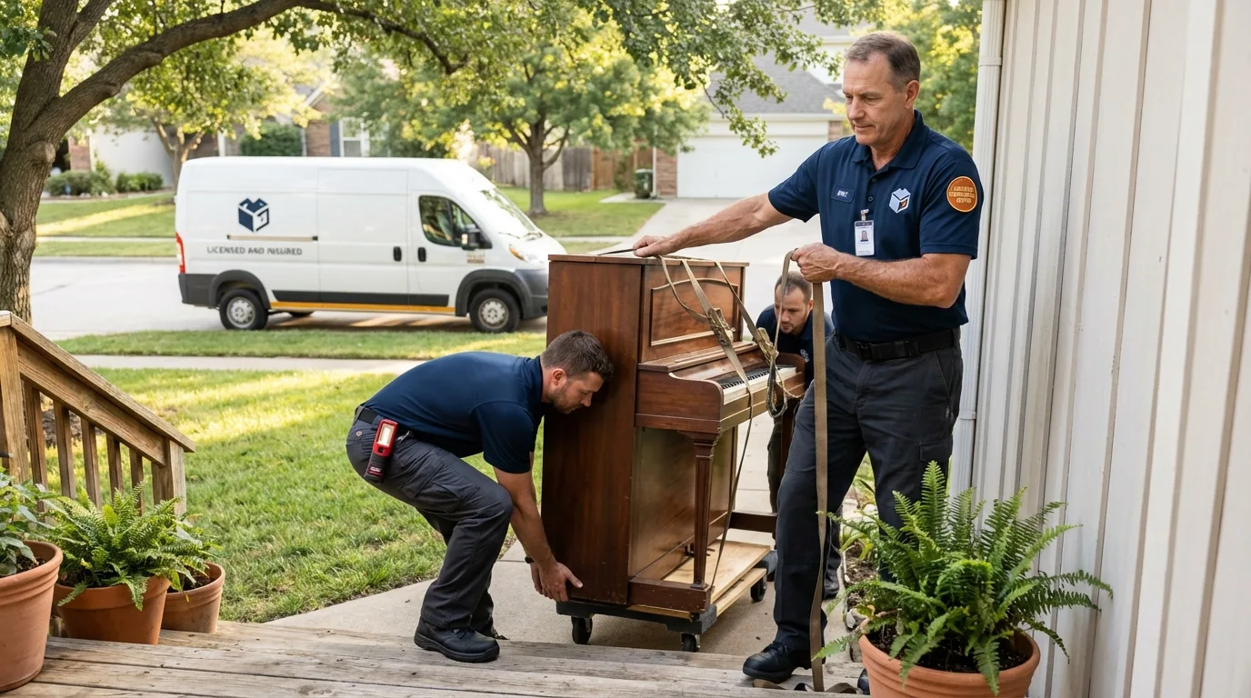 Licensed piano movers securing grand piano in Brundidge, AL