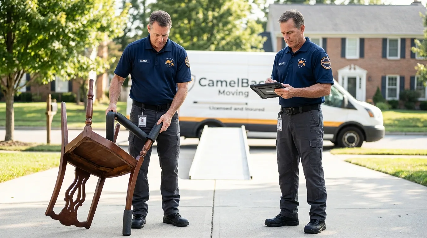 Movers inspecting furniture for damage prevention before loading in Brundidge, AL