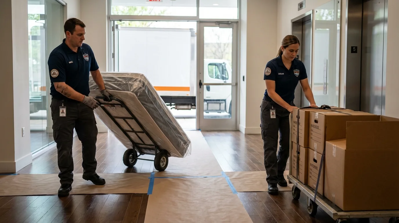 Professional apartment movers loading elevator in Brundidge, AL