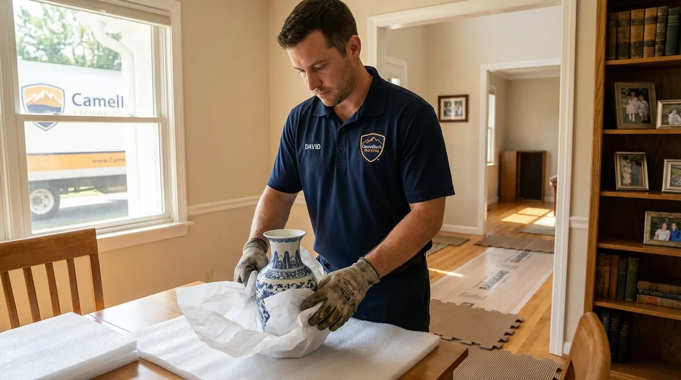 Professional crew carefully wrapping antique vase for senior downsizing move in Brundidge, AL